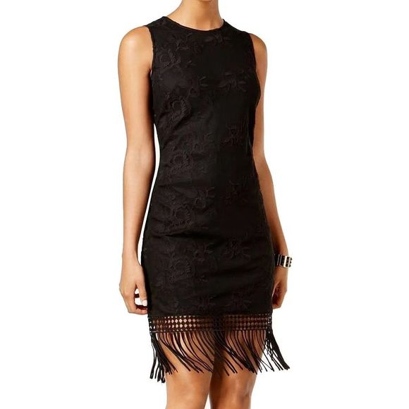 julia jordan Dresses & Skirts - Julia Jordan Embroidered Fringe-Trim Lace Black Dress Women's Size 6